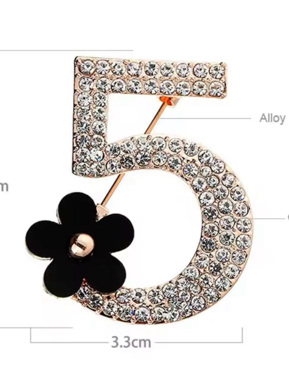 Crystal Number 5 Brooch with Black Flower Accent - Picture 3 of 3